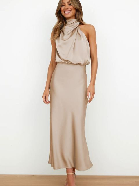 Brielle – Elegant High Neck Satin Midi Dress