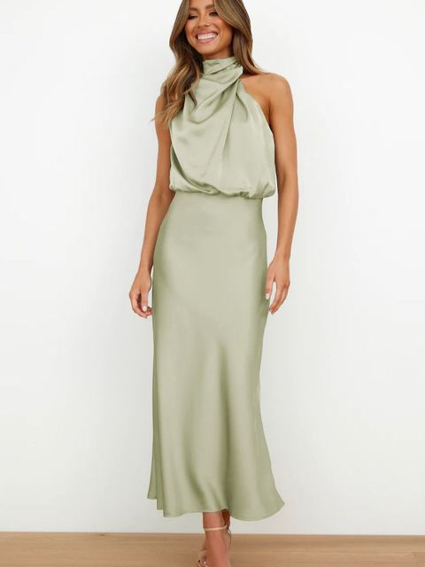 Brielle – Elegant High Neck Satin Midi Dress